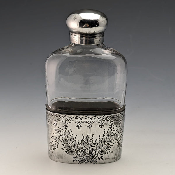 Late 19th century British antique silver plate decoration glass skittle hip flask